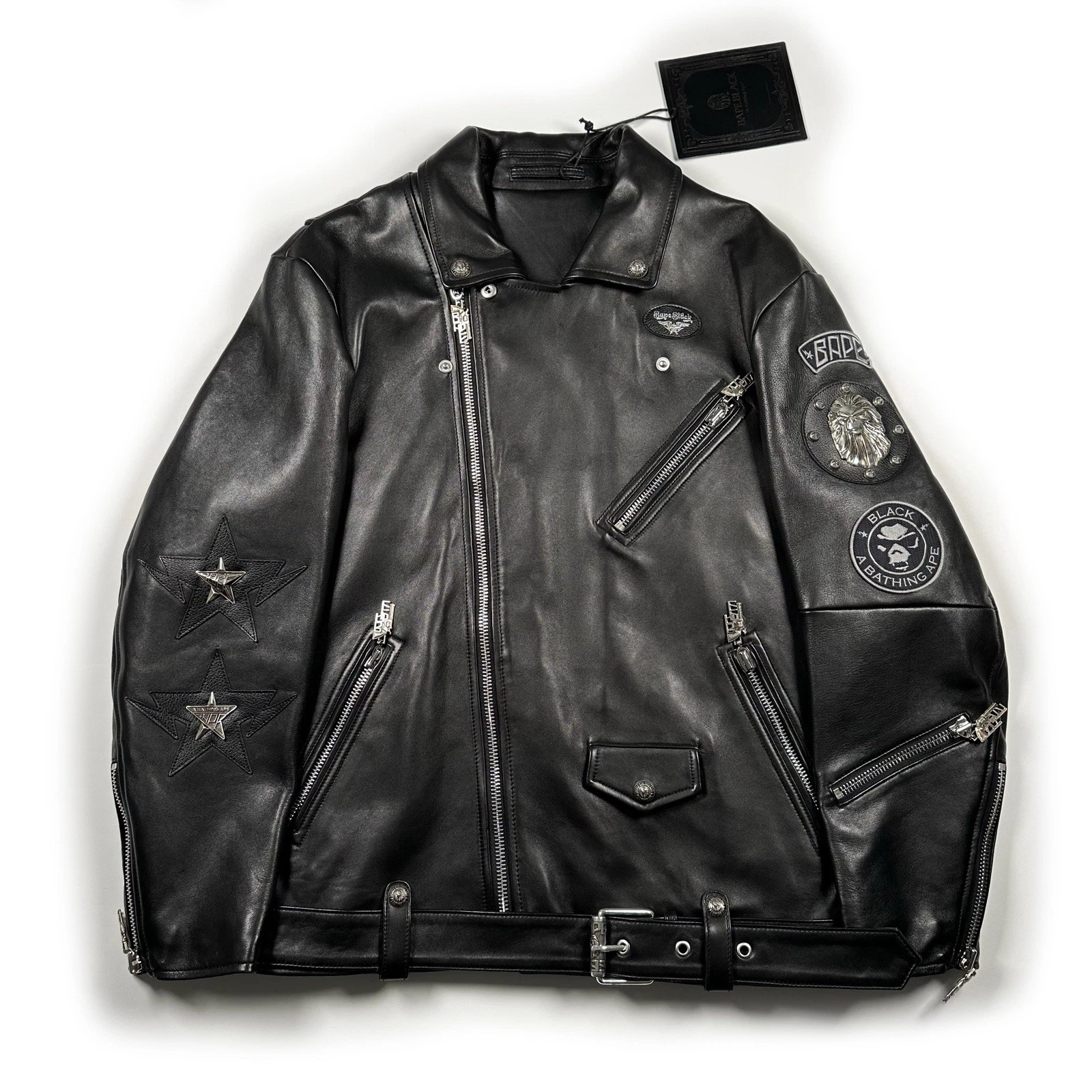 BAPE Black Label Biker Leather Jacket sz L DS NEW w Tag SS2019 Chrome Heart RARE