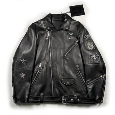 BAPE Black Label Biker Leather Jacket sz L DS NEW w Tag SS2019 Chrome Heart RARE