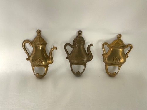 3 Coffee Pot Shaped Hooks Solid Brass vintage Kitschy Cottagecore Kitchen Decor