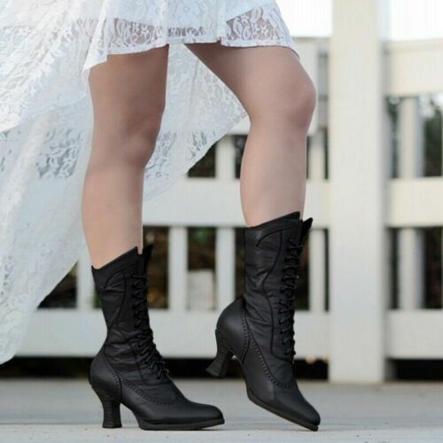 New Women Lace Up Victorian Boots Steampunk Lolita Mid-Calf Leather High Heel - Picture 7 of 9