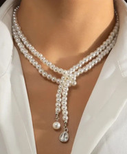 Water Drop Necklace Rhinestone Pendant Faux Pearl New Free Ship A4382
