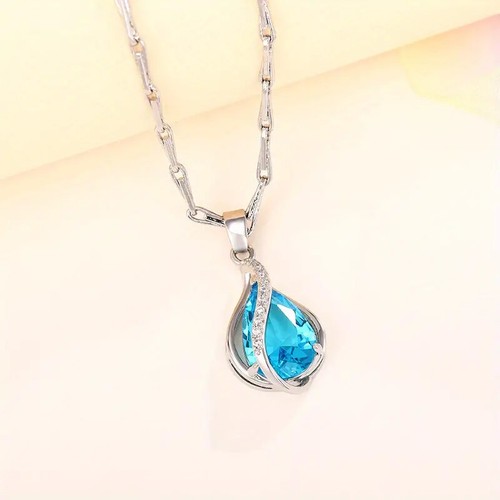 Teardrop Cut Aquamarine Cubic Zirconia Pendant Necklace For Women - Picture 2 of 6