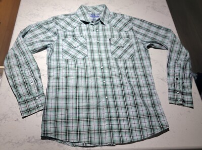 Cinch Modern Fit Mens Small Long Sleeve Hexagon Pearl Snap Shirt Green Plaid