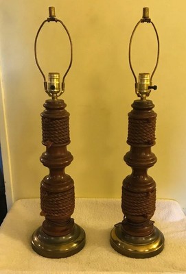 Pair Of Vintage Wood \u0026 Rope Table Lamps 