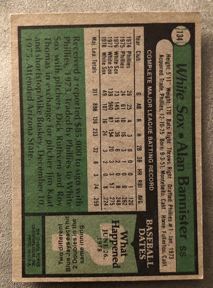 1979 Topps Alan Bannister Baseball Card #134 White Sox Low-Grade - Image 2 of 2