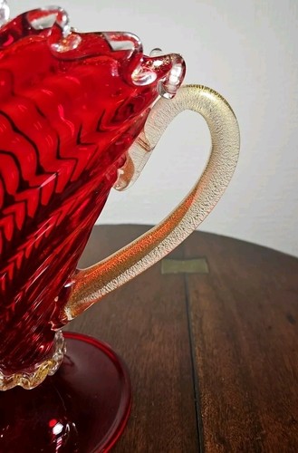 Vintage Mid Century Venetian Murano Red & Gold Pedestal Art Glass Jug Vase - Picture 21 of 24