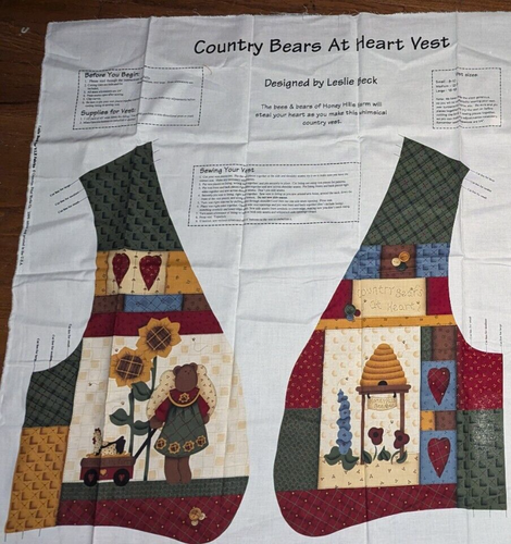 Country Bears At Heart Adult Vest Panel by Leslie Beck VIP Cranston USA - Picture 2 of 2