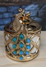Brass Peacock Incense Burner Jeweled Loban Holder 4.5" lotus 3 piece Mirror Gift