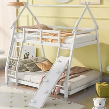 Twin over Queen House Bunk Bed Wood Frame  w/ Climbing Nets Ramp, For Kids White