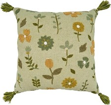 20" Embroidered Cotton Throw Pillow Covers SET OF 2 Floral Tassel Green Spring