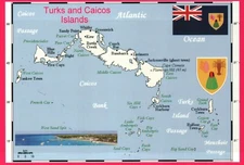 Map of Turks and Caicos Islands near Bahamas & Caribbean Sea, British - Postcard