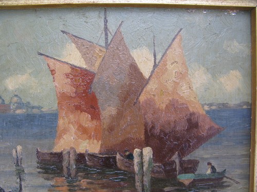Giovanni Gemälde Italien Venedig Fischerboote & Gondel 1. Hälfte 20. Jh. - Bild 5 von 12