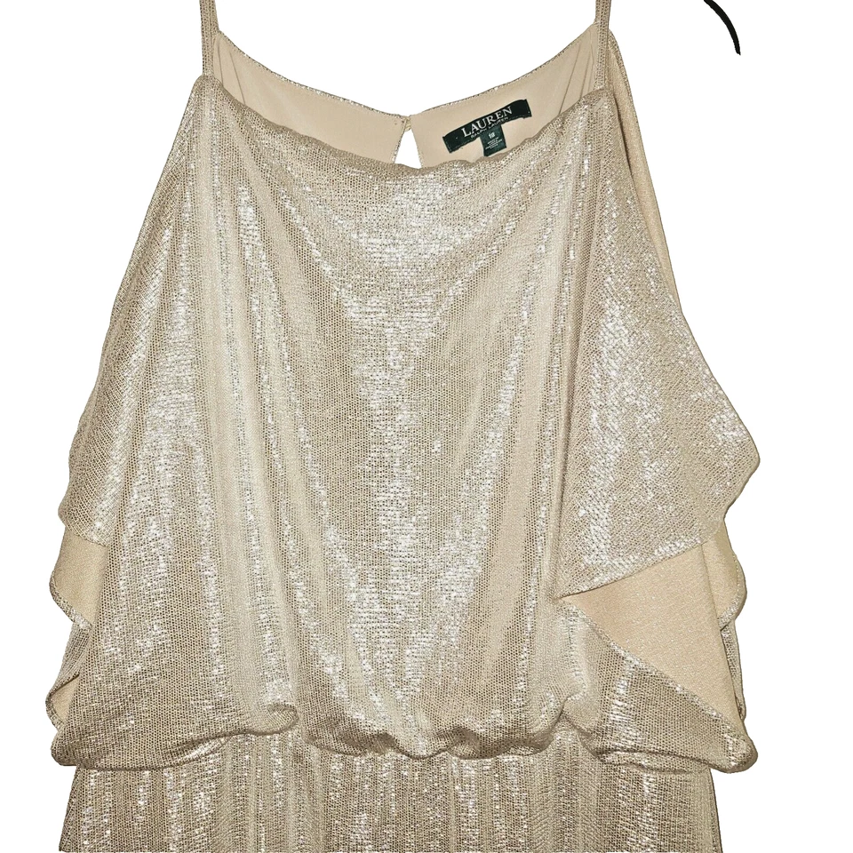 Lauren Ralph Lauren Metallic Silver Gold Maxi Gown Dress 18 Cold Shoulder Formal - Image 3 of 4