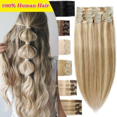 18Clips 8PCS Clip In Real Remy Human Hair Extensions Full Head Adding Highlight