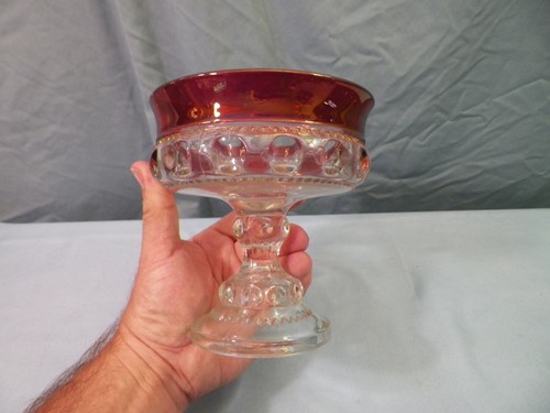 Indiana Kings Crown Ruby Stained Flashed Glass Compote Footed Candy Dish - Picture 2 of 7