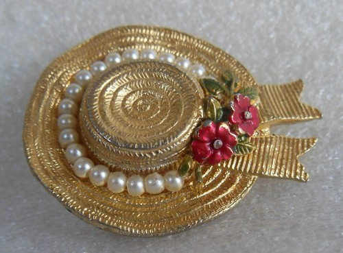 Ciner Vintage Green & Red Flower Enamel Faux Pearl Cast Ladies Bonnet Pin Brooch - Picture 12 of 12