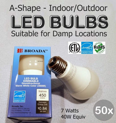 50x Lot - LED 7w Bulbs Dimmable A19 E26 Indoor/Outdoor Damp Loc 40w Equiv-Broada - Picture 1 of 4