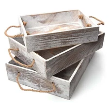 Rustic Nested Wood Tray Set, 3 Sizes, White Wash Finish