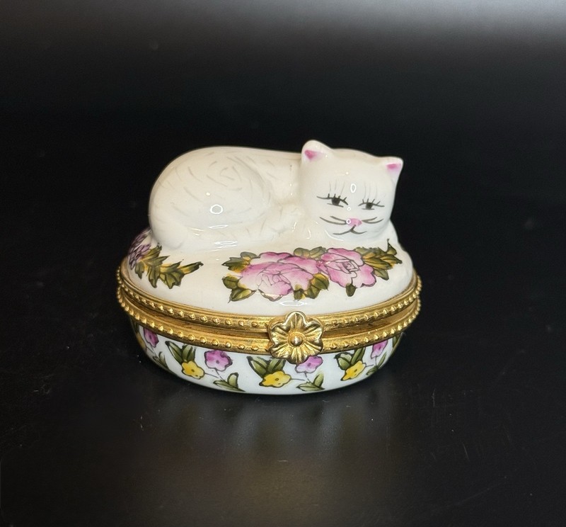 Vintage Porcelain Trinket Box Featuring A Sleepy White Cat On Top A Floral Base