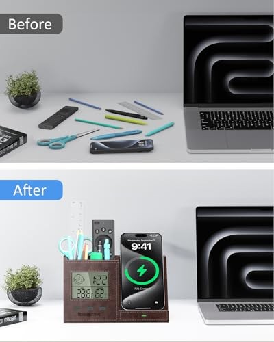 Pen Holder for Desk, Desk Organizer with Wireless Charger, Built in Dark Brown - Bild 6 von 6