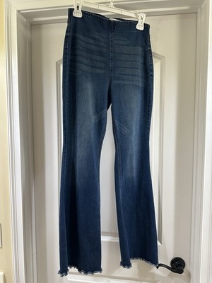 Tinseltown Women's Blue Stretch Denim Flared Jeans Fringe 5-Pocket Pull-On
