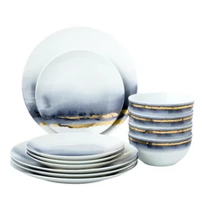 “Lazuli” 12-Piece Porcelain Dinnerware Set, Service for 4, Blue and Gold