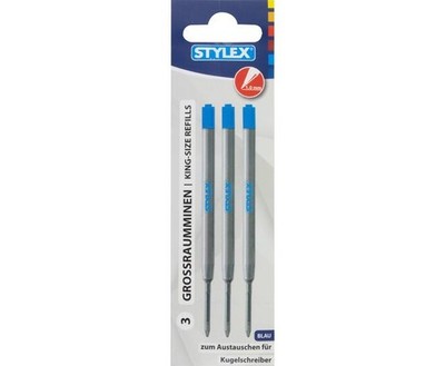 Kugelschreiber Großraumminen 3 Stück Blau, 1mm Stärke, Metall Stylex 30501