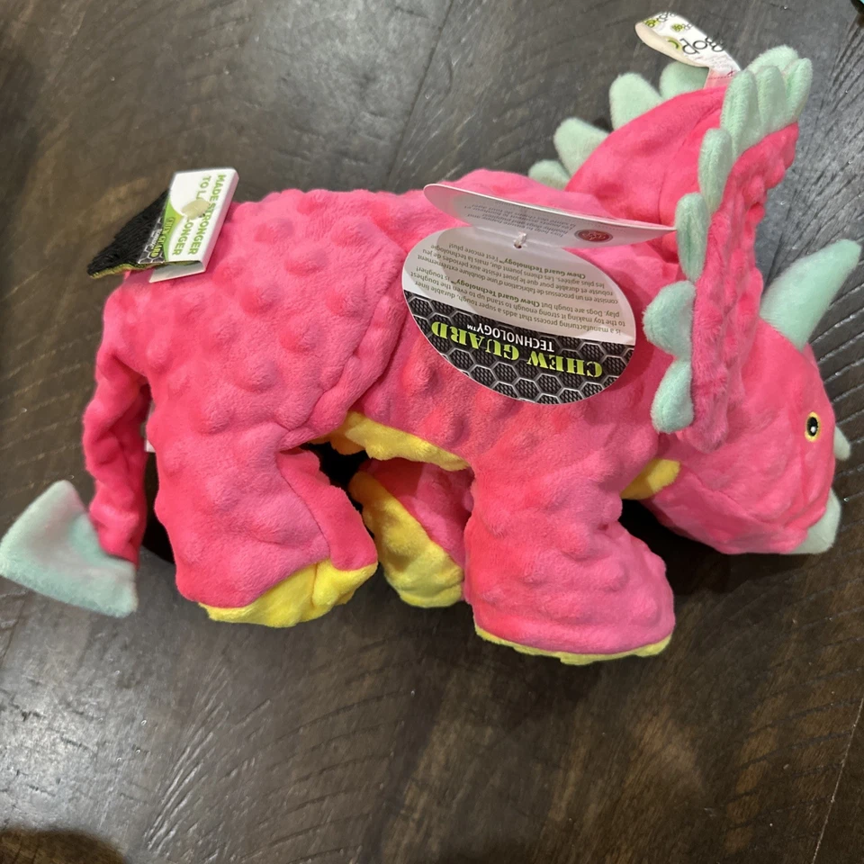 Juguete GoDog Dino Triceratops grande chirrido rosa verde azulado amarillo con tela protectora para masticar Foto 2 de 4
