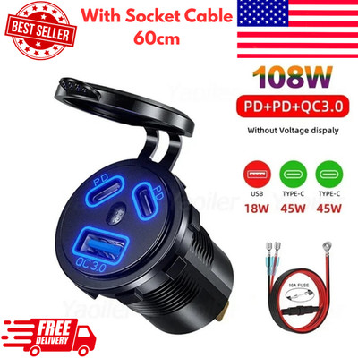Dual PD+QC3.0 Port USB Car Fast Charger Cigarette Ligther Socket Power Plug Kit
