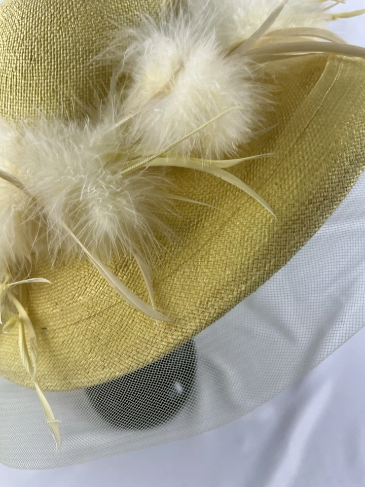 Vintage Fedoria Yellow Wide Brim Church Hat with Marabou Feathers & Net Accent - Image 3 of 4