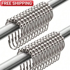 12 Pcs Set Stainless Steel Bathroom Shower Curtain Rings Hooks with Roller Ball