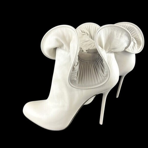 Sergio Rossi 9 Booties Leather Ruffle Luxury Cream High Heel Fairy Core Designer - Picture 5 of 17