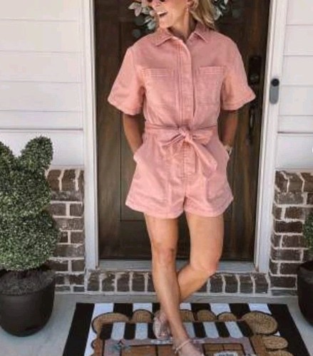Women Short Sleeve Utility Romper Future Collective Zip Cotton 5 Pockets Pink M - 第 1/12 張圖片