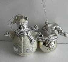 Set 2 Vintage Shiny Silver Tone Snowman Standing Ornament, Head Glitter