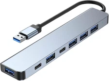 USB 3.0 Hub Splitter 7 in 1 Aluminum Multiport USB C Adapter with Power Port