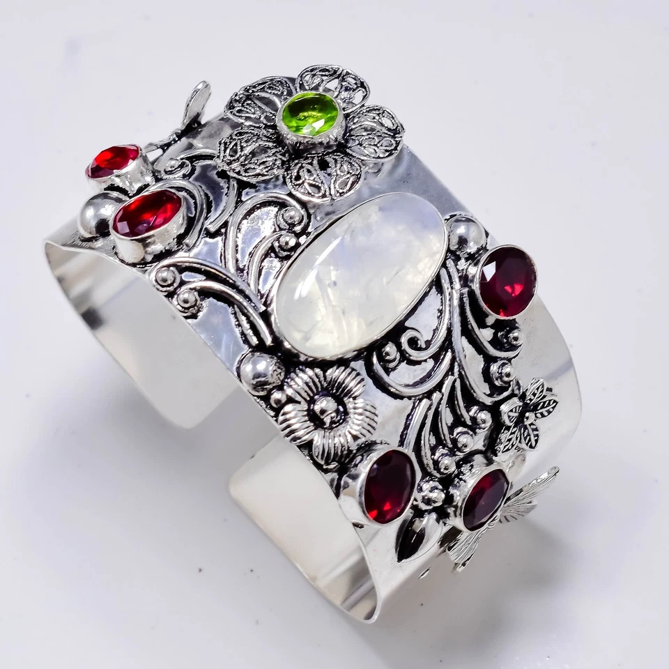 925 Sterling Silver Moonstone & Garnet Gemstone Jewelry Cuff Bracelet ADJ - Image 3 of 4