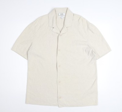 COS Herren Hemd Beige Relaxed Fit Baumwolle Strick Kurzarm Knopfleiste Größe M