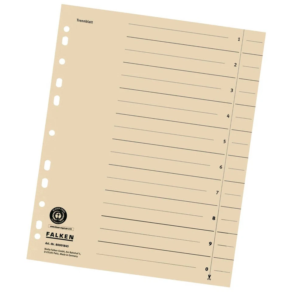 FALKEN 200 Trennblätter Trennblatt hellchamois 180g/m² A4 aus besonders festem Karton