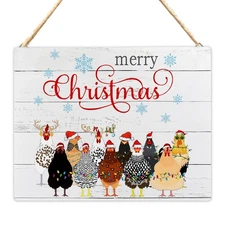 Chicken Christmas Decor - Wooden Wall Art & Hanging Signs, Merry Christmas De...