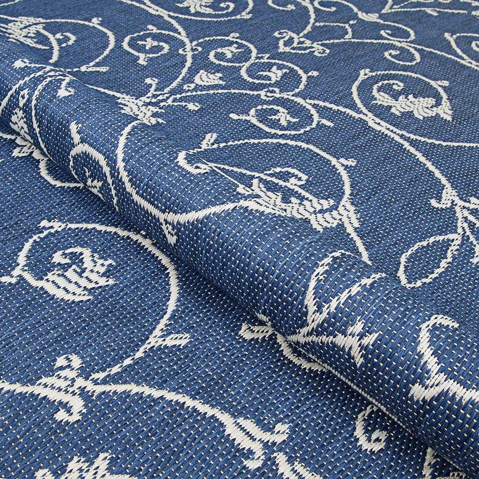 Alfombra Interior Exterior Recife - Veranda 8'6" Redonda en Marfil y Azul Índigo, Flor... Foto 3 de 4