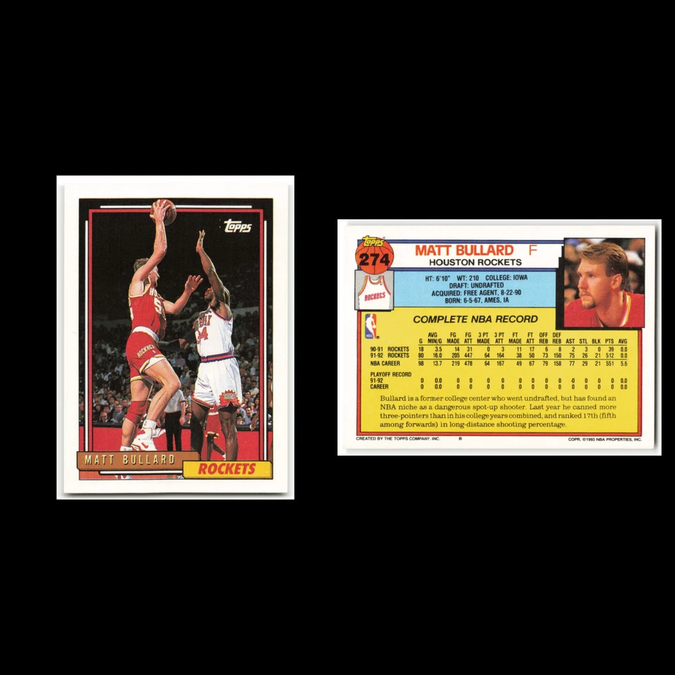 Matt Bullard #274 1992 Topps Houston Rockets Basketball Card NBA NM - Image 3 of 3