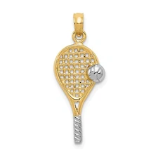 14k Yellow-Rhodium Tennis Racket Pendant with Ball Charm Unisex Sports Jewelry