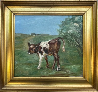 Unbekannter Tiermaler Kalb auf einer Sommerweide Ölgemälde 40x37cm  - Bild 1 von 4