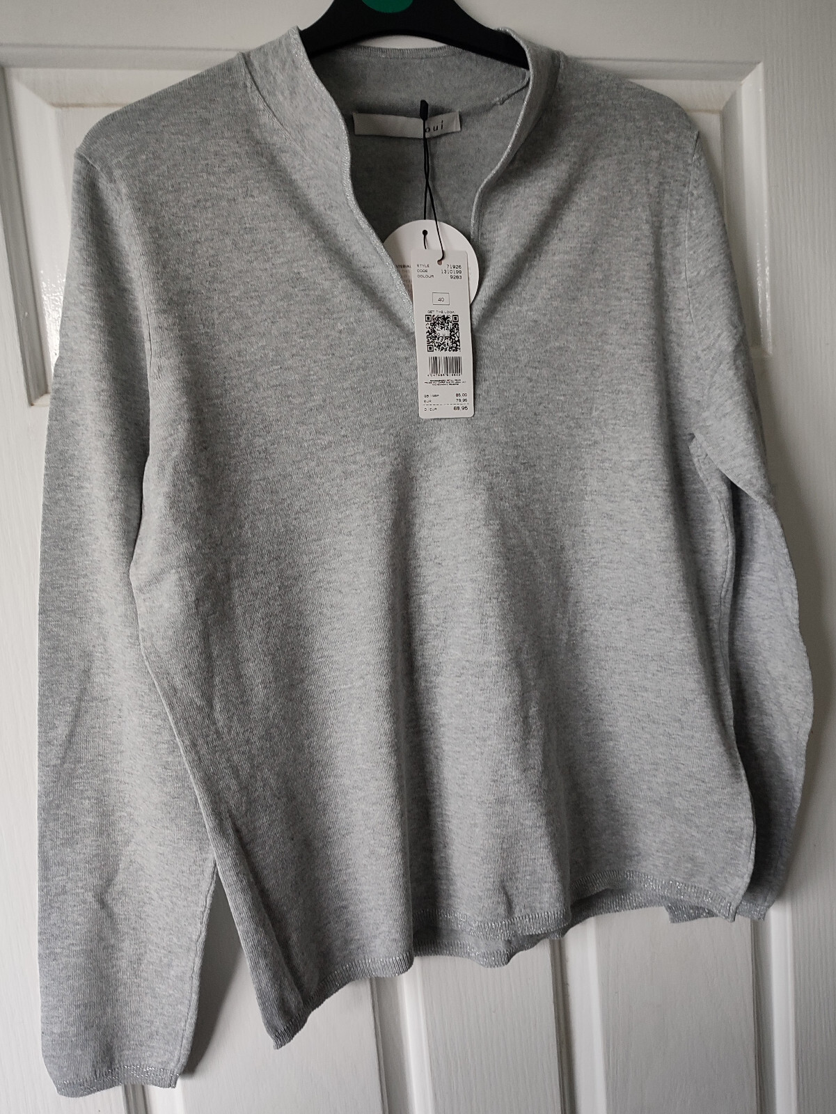 Oui V-Neck Pullover UK 12 Organic Cotton Grey Silver Trimmed New BNWT RRP £85