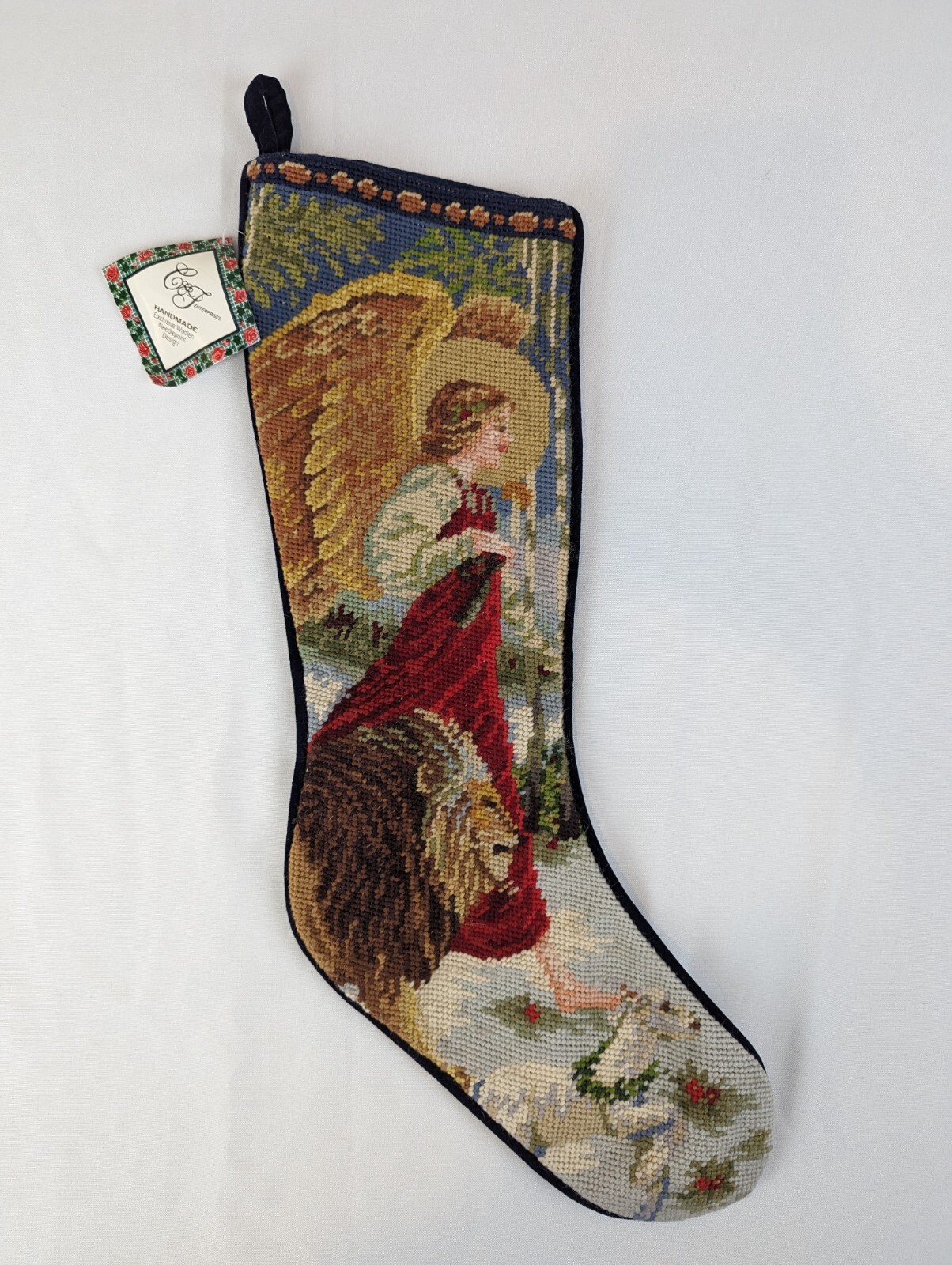 Vintage Handmade Needlepoint Christmas Stocking Angel Lion And Lamb