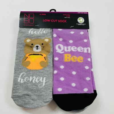 No Boundaries Low Cut Socks 6 Pair Pack Cute Hunny Bear Queen Bee GIFT sz 4-10 
