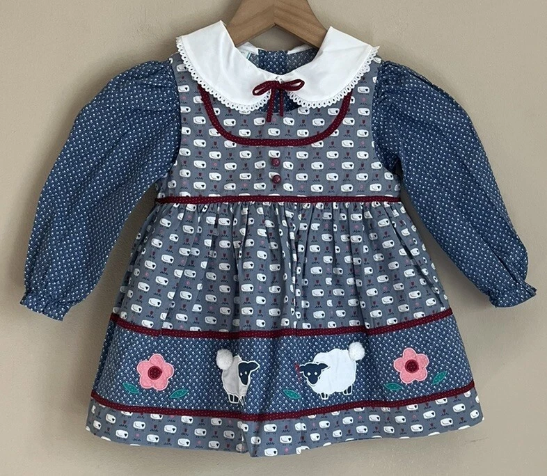 Vestido Delantal Vintage Niñas Jersey Estampado Oveja Delantal Talla 3 3T Cottagecore Foto 2 de 4