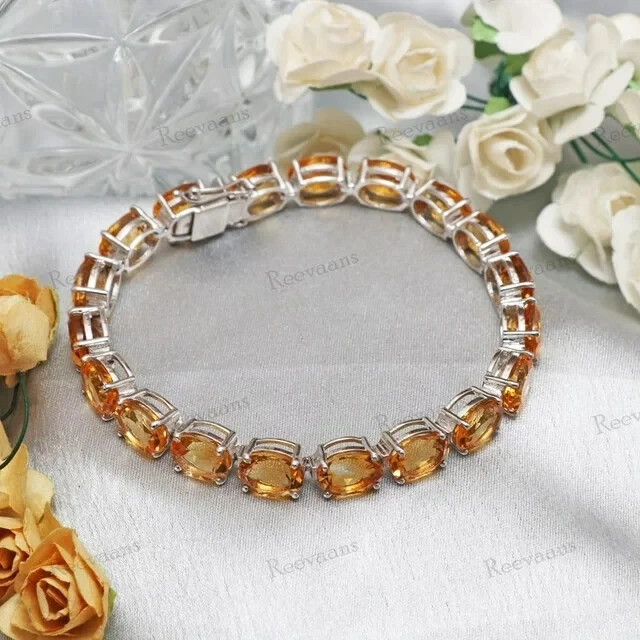 黄水晶椭圆形 8x6 毫米宝石网球手链,金银首饰,周年纪念 Gif — 第 2/4 张图片