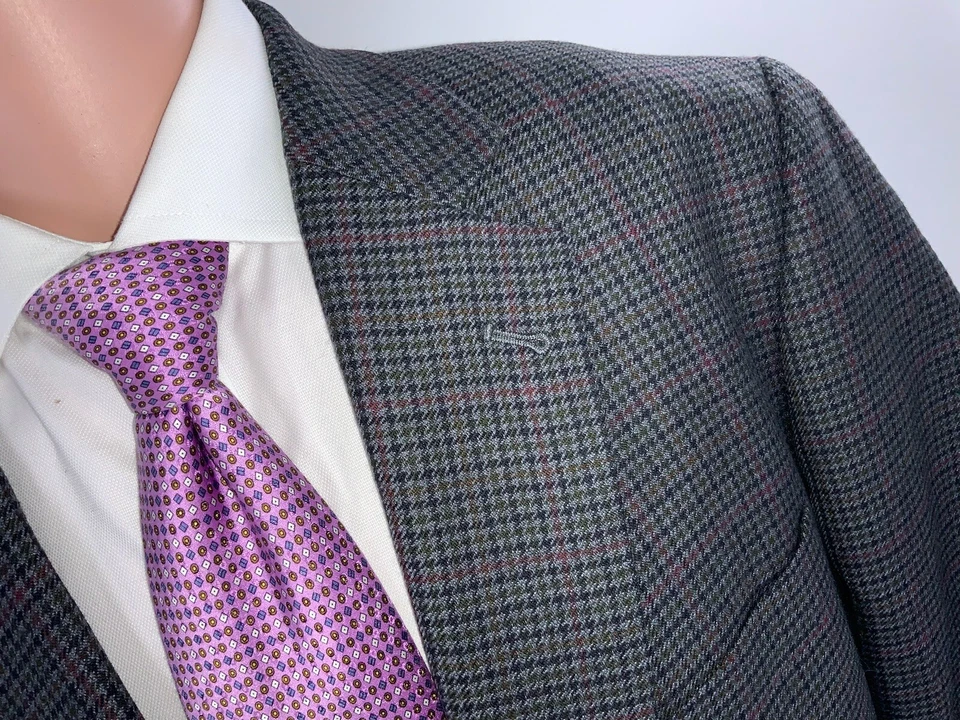 Blazer Brooks Brothers Madison 45R Gris Borgoña Cuadros Lana 2B 1V YGI C2-94 Foto 3 de 4