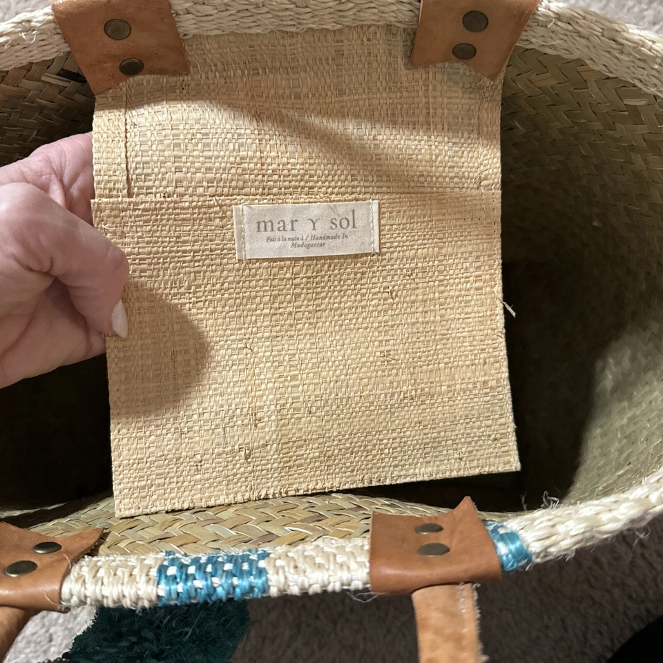 Mar Y Sol beach tote bag, Raffia Tote. Aqua And Beige Straw Bag. New. Pool Bag - Image 4 of 4